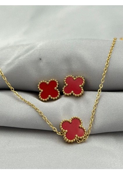 Kadın Yonca Figürlü Mineli Çelik Kolye Küpe Set