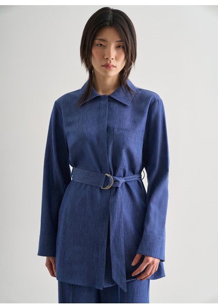 Normal Gömlek Yaka Düz Indigo Kadın Gömlek M2MZ1030210220