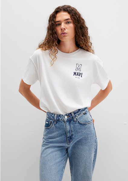 Mavi Logo Nakışlı Beyaz Tişört 1613467-70057