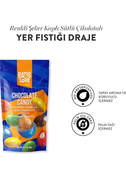 Patislove Renkli Şeker Kaplı Sütlü Çikolatalı Bütün Yer Fıstığı Draje, 90G modelleri