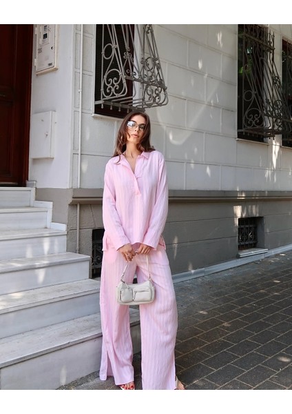 Kendinden Çizgili Gömlek Pantolon Takım