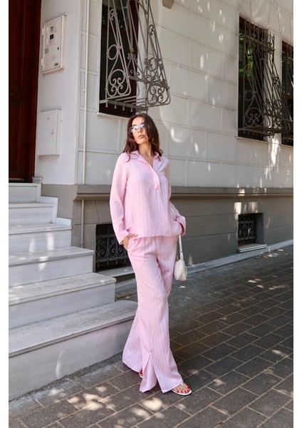 Kendinden Çizgili Gömlek Pantolon Takım modelleri