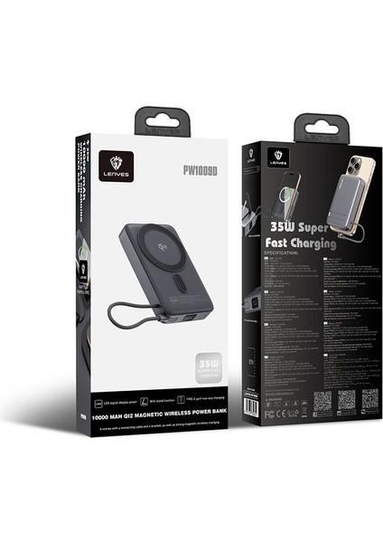 PW1009D Pd 35W Qi2 Teknolojili Wireless Powerbank Type-C Kablolu Standlı 15W 10000MAH Gri