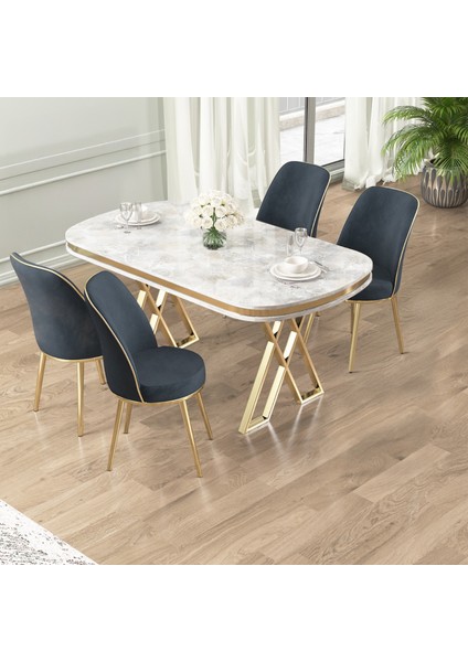 Lai Serisi 90X168 Lak Panel Rampla Gri Masa ve 4 Antrasit Sandalye Gold Ayak
