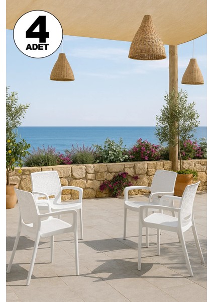 4 Adet Rattan Lüx Beyaz Sandalye / Balkon-Bahçe-Teras