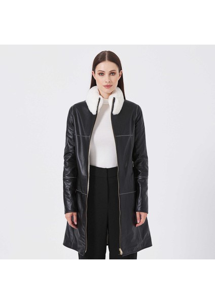 Siyah Deri-Kürk Kadın Deri Trençkot - K23KKM320412-Q3H