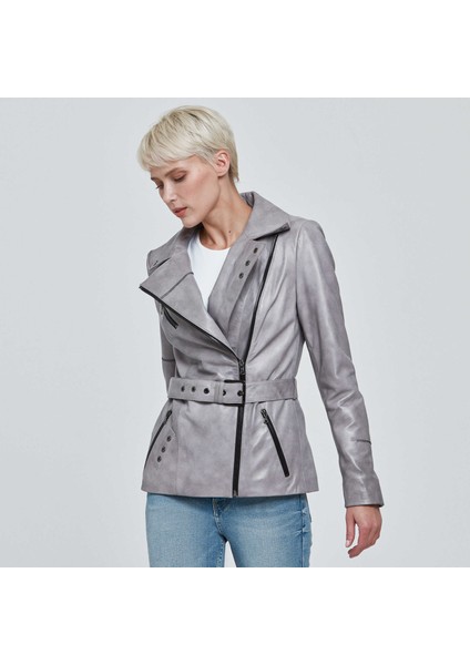 Gri Hakiki Deri Kadın Hakiki Deri Ceket - K22KDM320298-T1L fırsatları