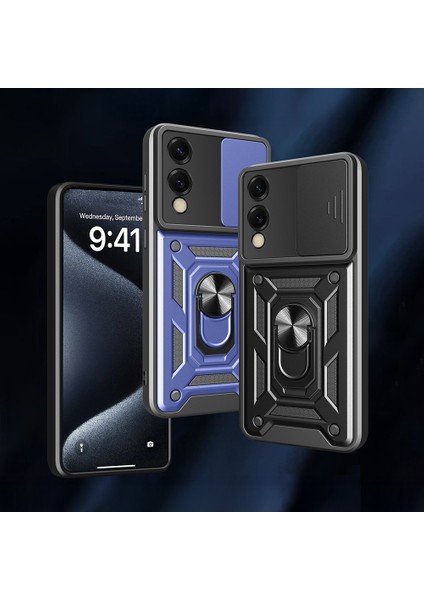 Galaxy S25 Edge Kılıf Magnetik Standlı Kamera Korumalı Joec Sürgülü Vega Kapak - Mavi modelleri