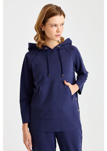 Kadın Kapüşonlu Yanı Çıtçıtlı Cepli Sweat Lacivert
