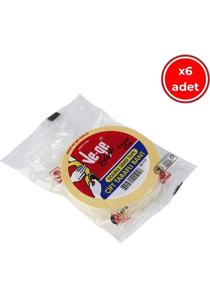 Çift Taraflı Bant, 6 Adet, 24 mm x 25 M, Şeffaf, Iz Bırakmaz