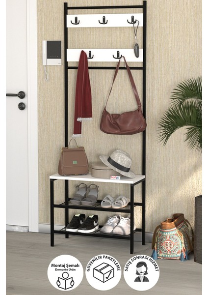 3 Raflı Metal Portmanto Elbise Askılığı Vestiyer Ayakkabılık Samanyolu Beyaz