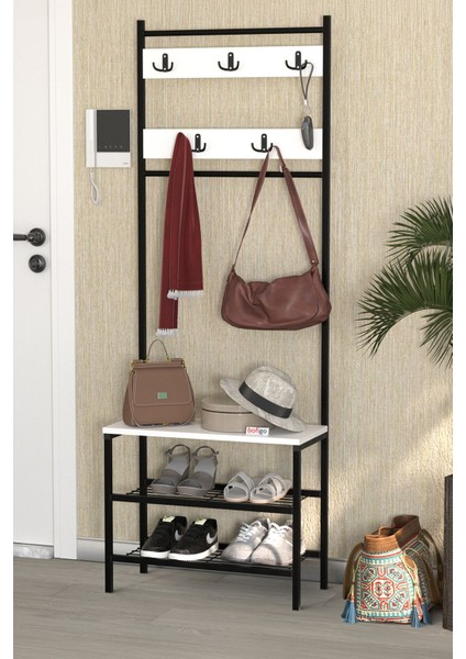 3 Raflı Metal Portmanto Elbise Askılığı Vestiyer Ayakkabılık Samanyolu Beyaz fırsatları