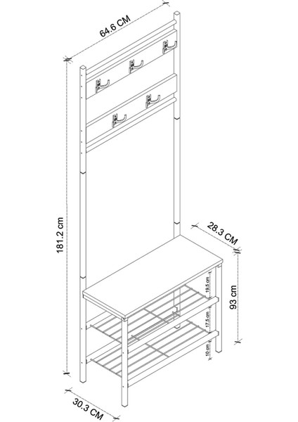 3 Raflı Metal Portmanto Elbise Askılığı Vestiyer Ayakkabılık Samanyolu Beyaz