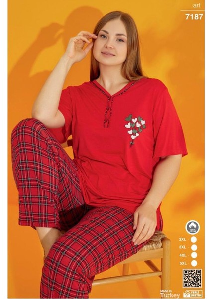 Kadın Battal Büyük Beden Düğmeli Kısa Kol Pijama Takımı 7178 fırsatları