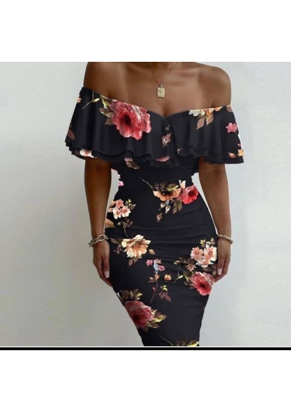 Kadın Madonna Yaka Çiçek Baskılı Volan Detay Kalem Elbise fiyatları