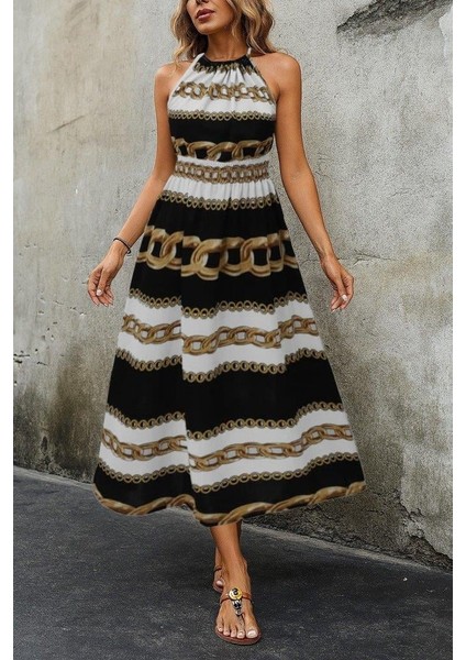 Kadın Kolsuz Boyundan Bağlamalı Beli Lastikli Dijital Baskı Süprem Uzun Elbise