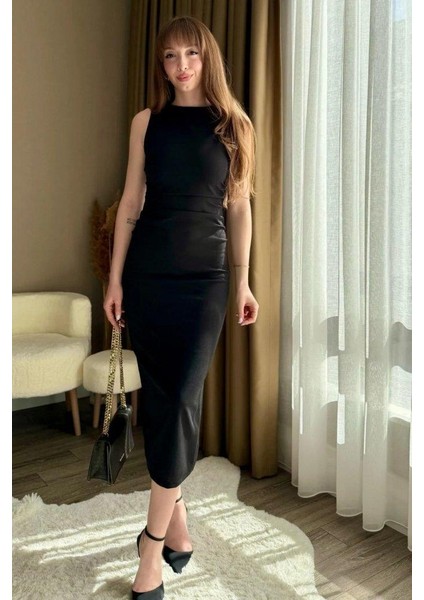 Kadın Sıfır Kol Sıfır Yaka Drape Detaylı Midi Janjan Krep Elbise