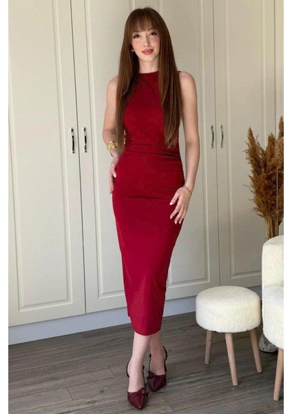Kadın Sıfır Kol Sıfır Yaka Drape Detaylı Midi Janjan Krep Elbise