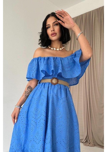 Bebe Mavi Omzu Lastikli Brode Elbise fiyatları