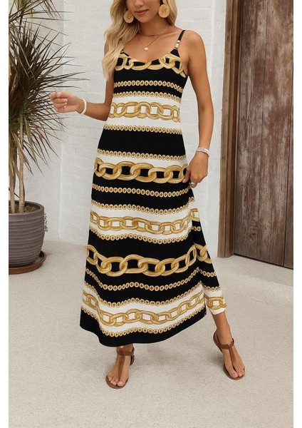 Kadın Ip Askılı Geniş V Yakalı Desenli Süprem Elbise