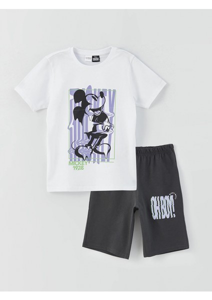 Lcw Kids Beyaz Bisiklet Yaka Mickey Mouse Baskılı Kısa Kollu Erkek Çocuk Şortlu Pijama Takımı