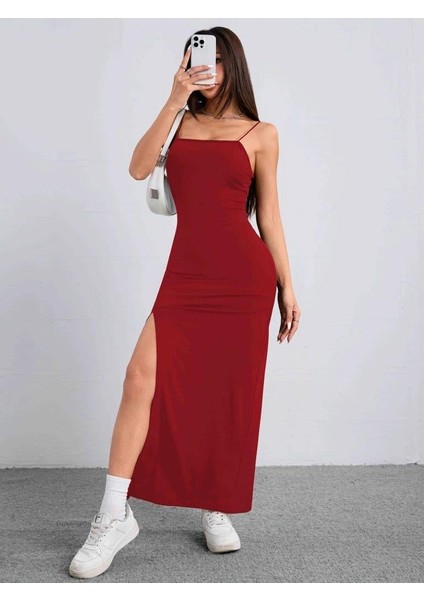 Kadın Ip Askılı Yandan Yırtmaçlı Janjan Krep Elbise