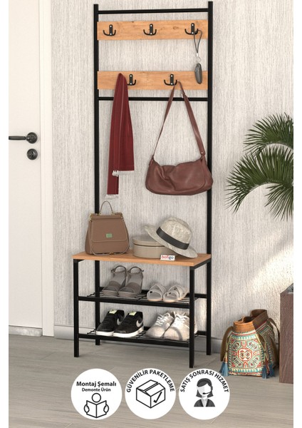 3 Raflı Metal Portmanto Elbise Askılığı Vestiyer Ayakkabılık Samanyolu Çam