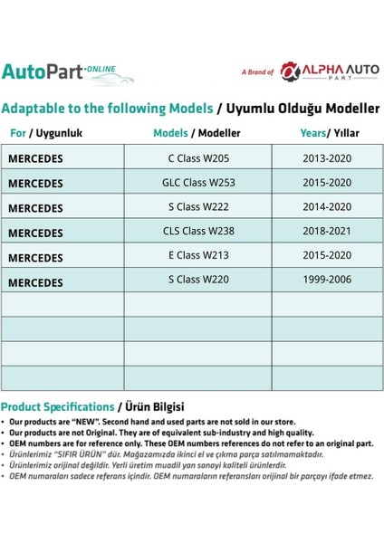 Mercedes C Class W205, S Class W222, W220 için Sağ Yolcu Kapısı Cam Düğme Kapağı fiyatları