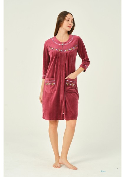 Kadın Fermuarlı Nakış Detaylı Pamuklu Kadife Elbise