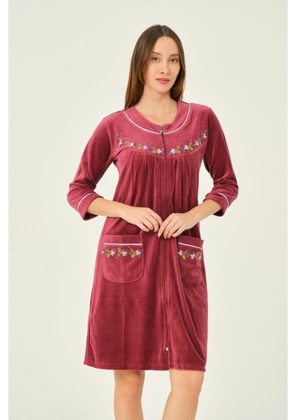 Kadın Fermuarlı Nakış Detaylı Pamuklu Kadife Elbise fiyatları