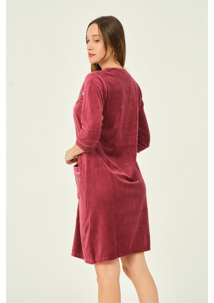 Kadın Fermuarlı Nakış Detaylı Pamuklu Kadife Elbise modelleri