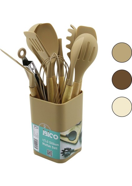 11PCS+KOVA Silikon Mutfak Seti Bambu Sap 3-Kaşık- 3-Spatula- 1-Kevgir- 1-Kepçe- 1-Maşa- 1-Çrpc- 1-Frç (3791)
