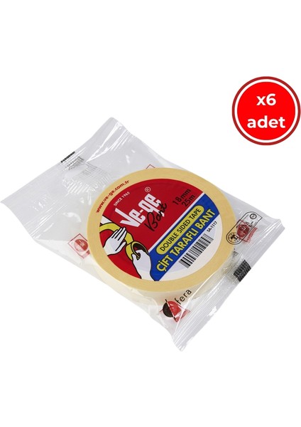 Çift Taraflı Bant, 6 Adet, 18 mm x 25 M, Şeffaf, Iz Bırakmaz