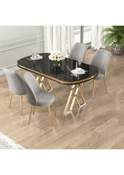 Lai Serisi 90X168 Lak Panel Sonata Masa 4 Gri Sandalye Gold Kaplama Ayak