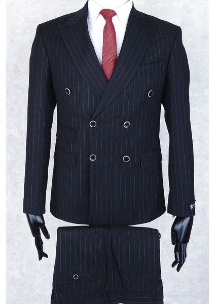 Slim Fit Geniş Sivri Yaka-Çift Yırtmaç Koyu Lacivert Çizgili Çift Cep Kruvaze Drop 6 Takım Elbise