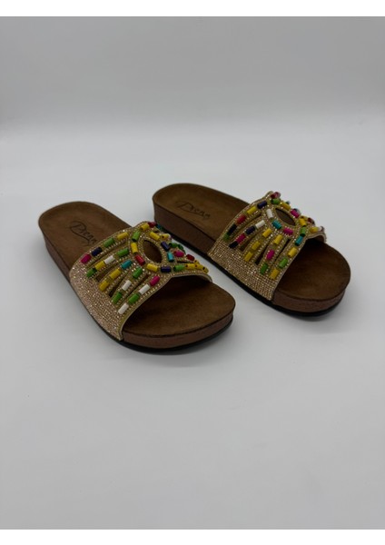 20050-019 Şeritli Taşlı Sim Detaylı Ortopedik Kadın Ev Terliği