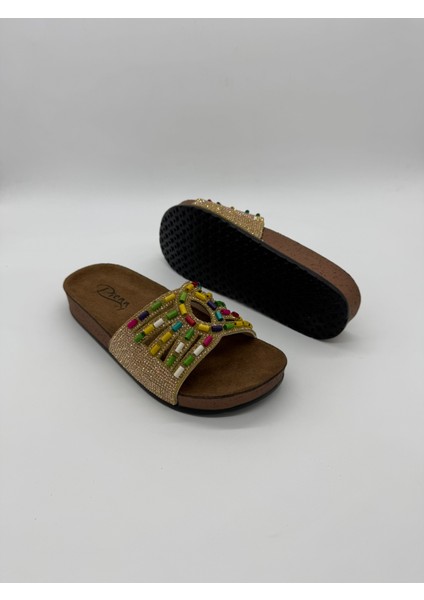 20050-019 Şeritli Taşlı Sim Detaylı Ortopedik Kadın Ev Terliği modelleri