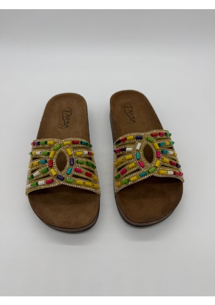 20050-019 Şeritli Taşlı Sim Detaylı Ortopedik Kadın Ev Terliği fırsatları