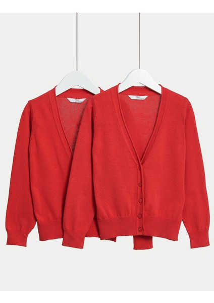 Saf Pamuklu 2'li V Yaka Okul Hırkası (3-18 Yaş)