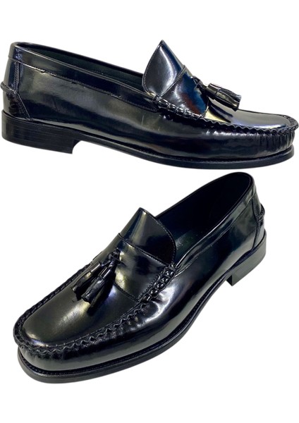 Erkek Püsküllü Loafer Deri Siyah Açma Içi Deri Kösele TABAN-671-SİYAH