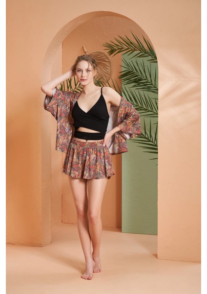 Pjs 27003 Desenli Viskon Üçlü Takım (Kimono - Crop Üst - Şort)