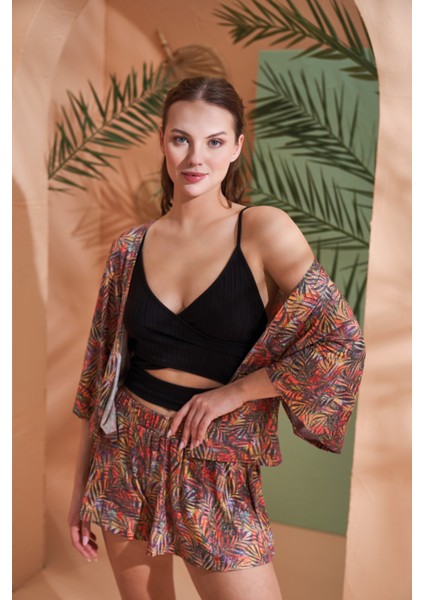 Pjs 27003 Desenli Viskon Üçlü Takım (Kimono - Crop Üst - Şort) fiyatları