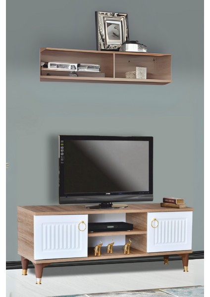 Eva TV Sehpası Atlantik Çam Beyaz Renkli 2 Kapaklı Açık Raflı 130x50x36 Cm