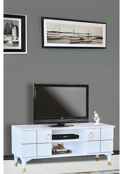 Lena TV Sehpası Beyaz 2 Kapaklı Gold Halkalı Kulplu Yerden Yüksek 130x36x50 Cm