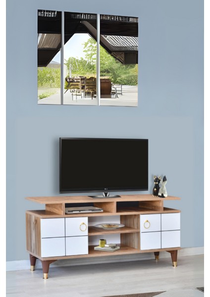 Mega TV Sehpası Atlantik Çam Beyaz Kapaklı Raflı Gold Detaylı Sehpa 130x36x59 Cm