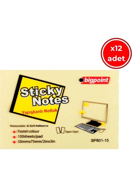 Yapışkanlı Not Kağıdı, 12 Adet, 100 Yapraklı, 75X50MM, Sarı