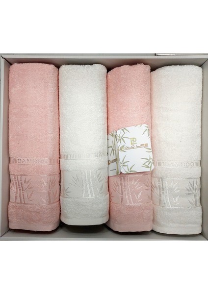 4 Parça Bamboo Hamam Seti (Büyük Boy), Banyo Havlu Takımı-Pembe Krem