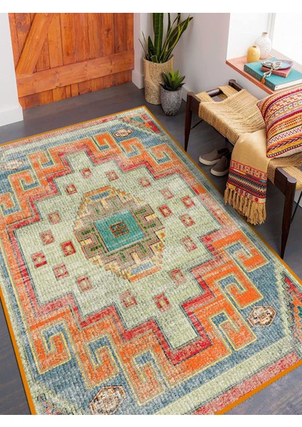 Vitage Harman Motif Etnik Desenli Eskitme Model Dokuma Taban Kilim