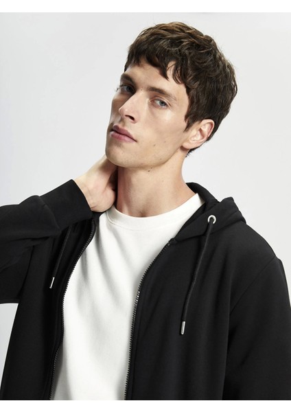 Erkek Kapüşonlu Sweatshirt Siyah Düz Desenli Orta Kalınlık Uzun Kollu