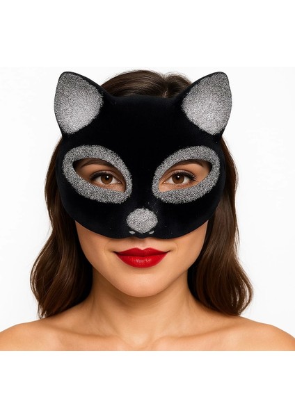 Bfs Siyah Renk Gümüş Simli Süet Kaplama Kedi Maskesi 18X14 cm fırsatları